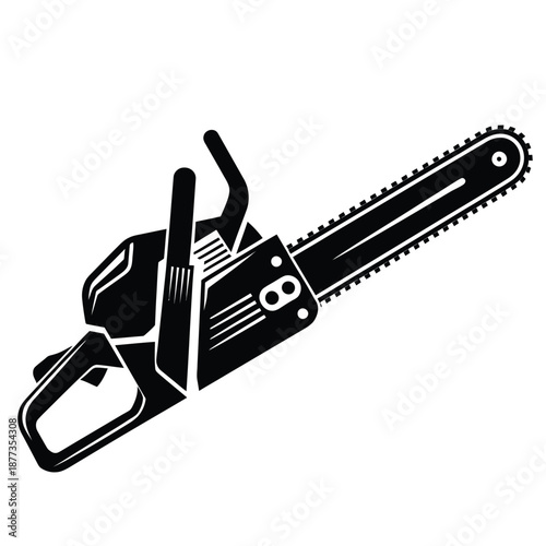 black and white image of a chainsaw with a handle