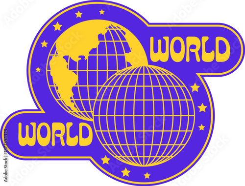 Planet Earth globe Y2K funky sticker or tag. World Y2K vector terrestrial sphere patch, planet mesh sphere sticker. Globus tag with globe two side projection and yellow typography on purple background