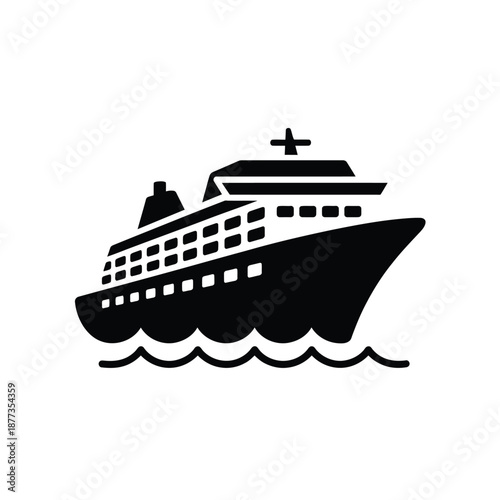 black and white cruise ship icon on water