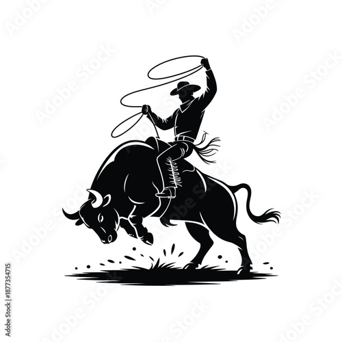 cowboy riding a bull with a lasso in hand
