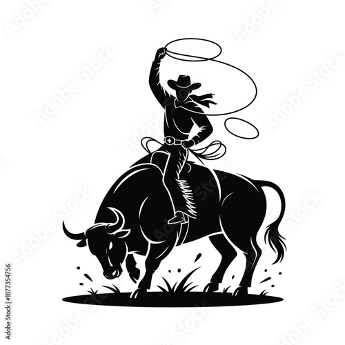 cowboy on horseback lassoing with a rope in a ranch setting scene