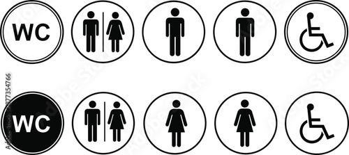 Restroom and toilet icon set with male, female and wheelchair symbols, public bathroom signage for accessibility and wayfinding design isolated on white background