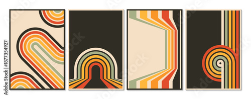 Vintage retro stripe line posters, 70s 80s rainbow funky road background. Vector geometric pattern of abstract roads with grunge color line curves and circles. Vintage posters and retro banners set