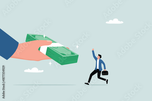 Receiving payment, salary, wages or gifts, tax refunds or investment profits, loan or mortgage concepts, the hands of entrepreneurs giving banknotes to happy employees.