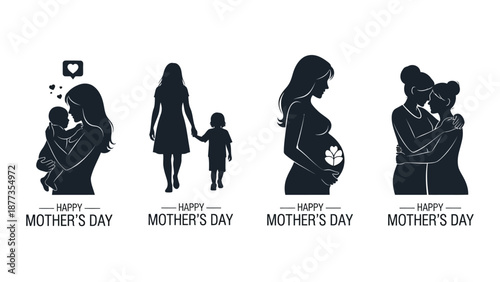 Mother's day silhouettes four heartwarming scenes of mothers and children in dark blue on white background