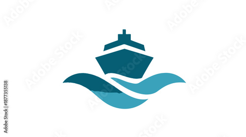 Simplified graphic of a teal ship at sea, with waves, against a white background