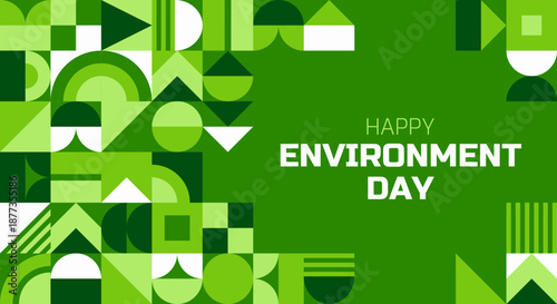 Environment day banner with geometric Bauhaus pattern. Ecology protection vector banner, save nature poster with Bauhaus geometric forms. Environment day abstract green shapes background or banner