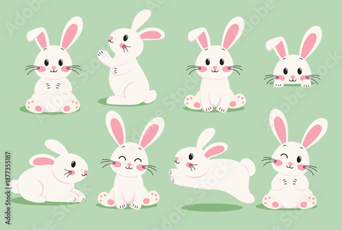 Easter Rabbit cute character set clipart. Bunny Rabbits Easter characters in white and pink clip art collection in different pose, sitting and standing for egg hunting vector illustration.
