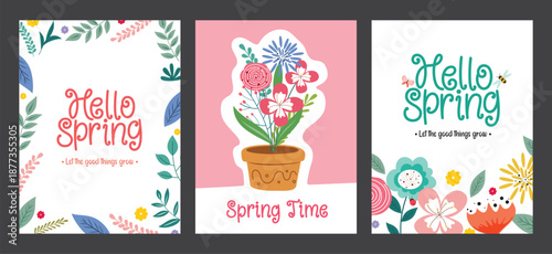 Hello Spring greeting card poster set clipart. Spring Time greeting text with colorful drawing flowers and flower pot decoration elements clip art for seasonal template card collection vector 