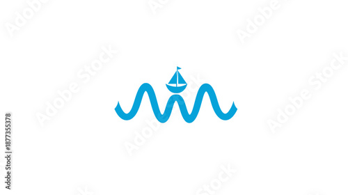 A minimalist blue logo shows a sailboat on waves. Simple graphic is on a white background