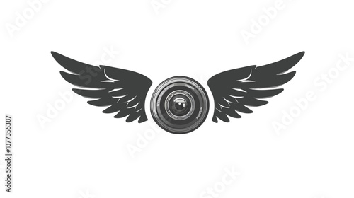Black and white image of a camera lens centered with wings spreading out from both sides