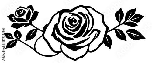 Elegant black and white rose silhouette with leaves and buds