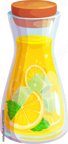 Cartoon glass bottle of lemonade and lemon fruit juice natural beverage. Homemade refreshing drink or summer cocktail vector bottle. Natural and cold lemonade beverage with ice, lemon slice and mint