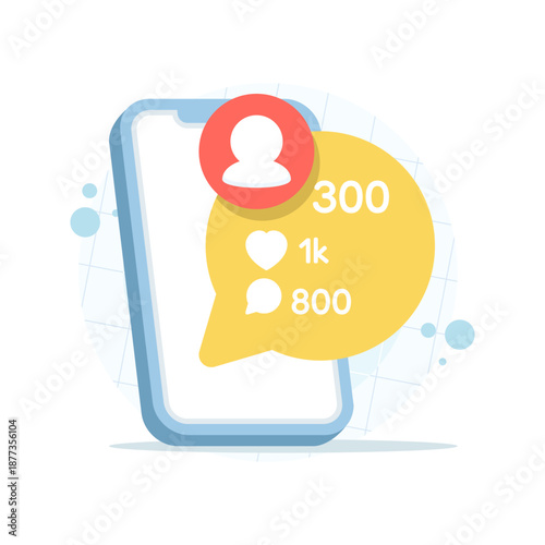 Smartphone illustration with like, comment, and follower notifications. Social media engagement, interaction icons, and digital communication concept design.