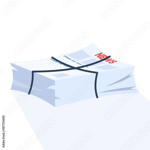 Stack of newspapers tied with strings symbolizing daily news and information flow. Journalism, media distribution, and press communication concept illustration.