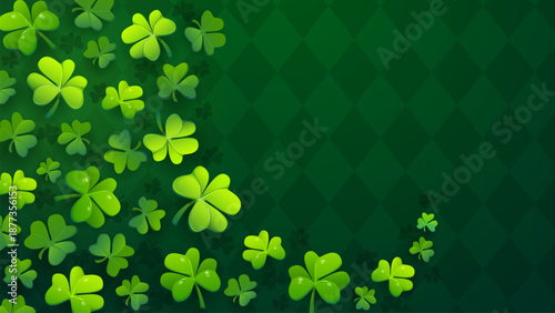 St Patrick's day background with shamrock clover. Irish party collage vector background, spring celebration green wallpaper. Ireland festive backdrop with flying clover leaves and checkered pattern