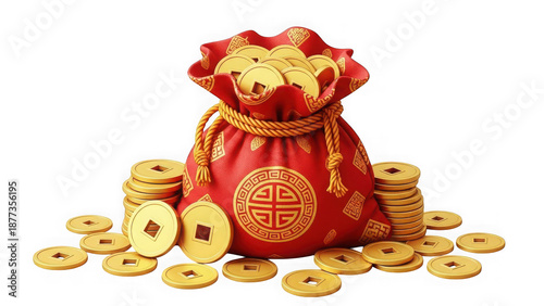 Red bag with gold coins and chinese symbol on transparent background for chinese new year