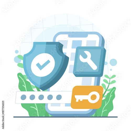 Modern mobile security banner illustration protecting smartphone from theft and hacker attacks. Cyber ​​security, data protection, and digital safety concept.