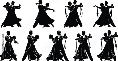 Elegant ballroom dance couple silhouette set featuring classic waltz and tango poses isolated on white background for dance concepts