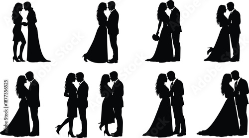 Romantic wedding couple silhouette set showing bride and groom kissing in elegant poses isolated on white background for love concepts