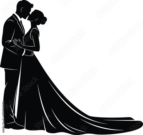 Elegant wedding couple silhouette embracing in romantic pose with flowing bridal dress isolated on white background for marriage and love concepts