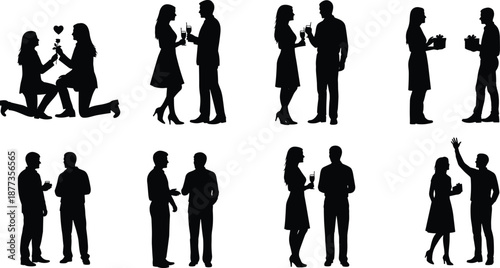 People silhouette set showing romantic proposal, gift exchange, conversation, and celebration moments isolated on white background for relationship concepts
