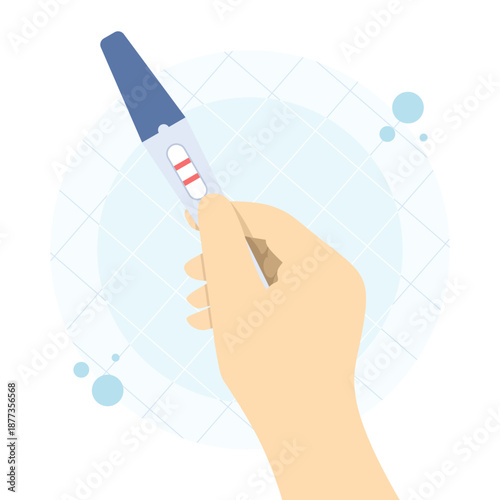 Positive pregnancy test vector illustration with two lines in woman's hand. Pregnancy announcement, family planning, motherhood, and reproductive healthcare concept.