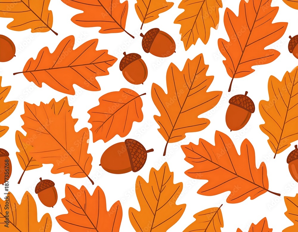 Naklejka premium A seamless pattern of orange leaves and acorns on a white background