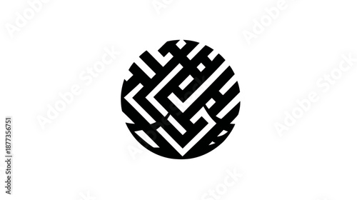 A geometric pattern in black and white arranged in an oval shape, resembling a maze
