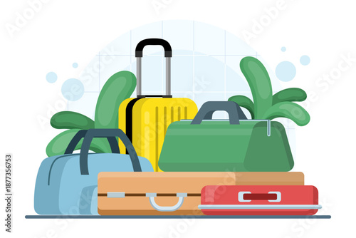 Vector illustration of travel luggage set including suitcases, backpacks, and duffel bags. Retro tourist cases, wheeled bags, and travel adventure concept.