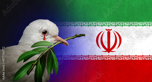 Фотография War tragedy concept as a sad white dove holding an olive branch crying a tear of blood as unrest in Iran as diplomatic problems in Terhan as middle east crisis