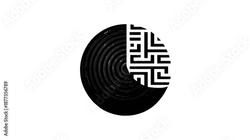 A black and white circular design. One half is a vinyl record-like pattern. The other features a maze
