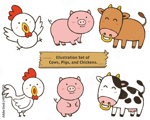 かわいい鶏と豚と牛のベクターイラストセット。