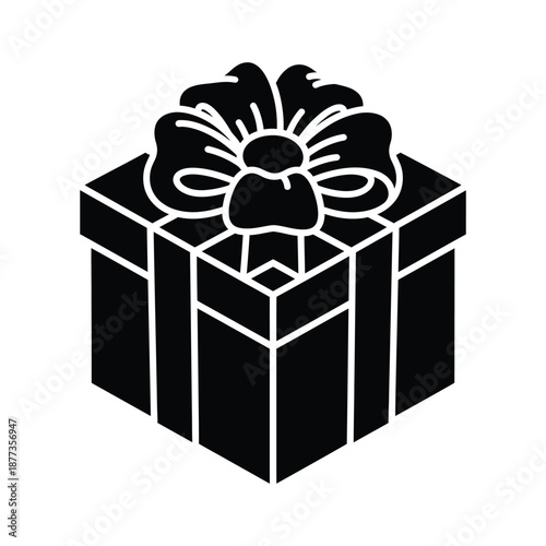 Gift box with bowknot flat black glyph icon isometric view isolated illustration