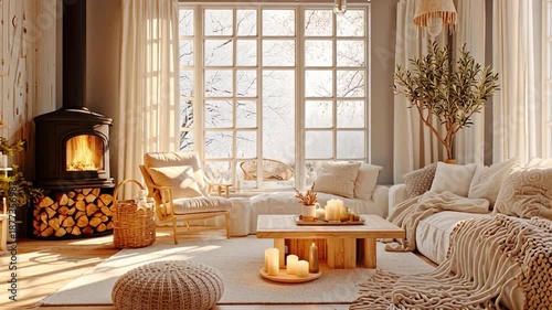 Cozy living room scene with fireplace, sofa, and window, showcasing a warm and inviting atmosphere in a serene indoor setting with natural light.