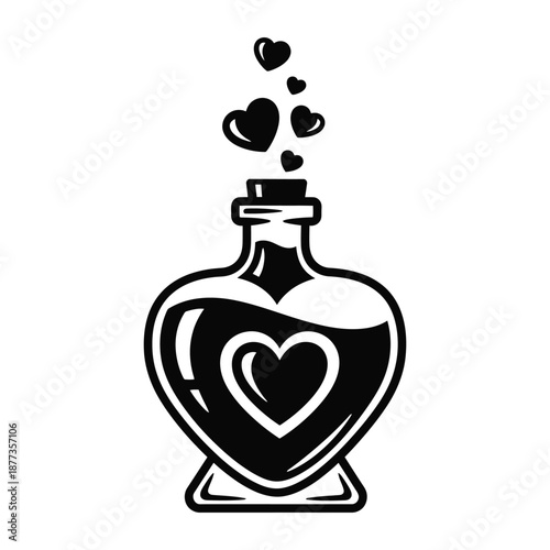 Love potion bottle with hearts flying out black silhouette isolated illustration