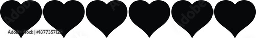Minimal black heart silhouette row icon set isolated on white background for love rating favorites romance design concepts
