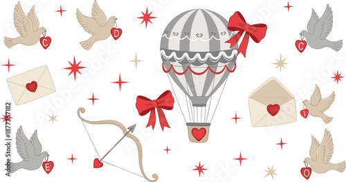 Romantic Valentine illustration set with hot air balloon doves love letters bows and Cupid elements in soft pastel colors isolated on white background
