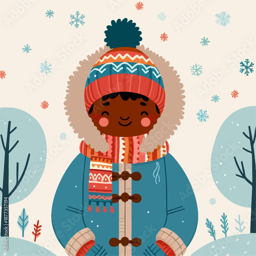 Cartoon vector illustration of a person wearing a jacket in winter