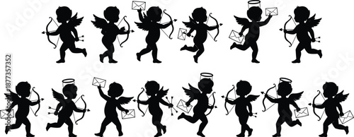 Cupid angel silhouette icon set with bows arrows and love letters in various poses isolated on white background for Valentine romance designs