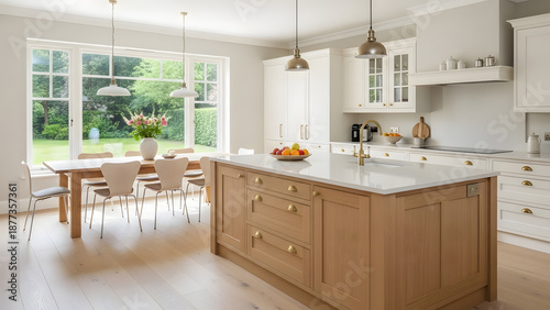 A clean and spacious kitchen with white cabinets and a large wooden island
