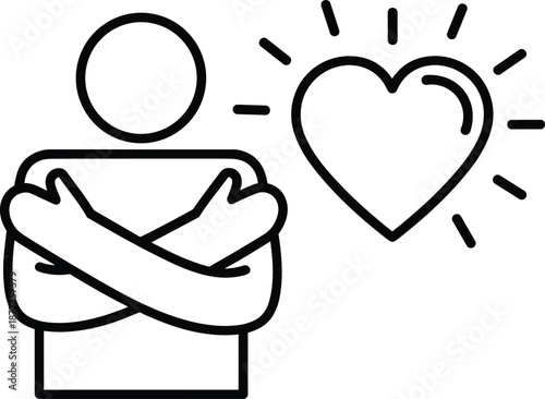 Self love and mental health icon showing person hugging themselves with heart symbol in minimal outline style isolated on white background