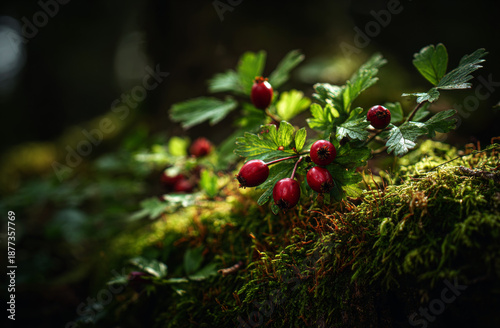 Hawthorn berries with glossy red skin and green lobed leaves growing on moss-covered branch in a lush forest setting