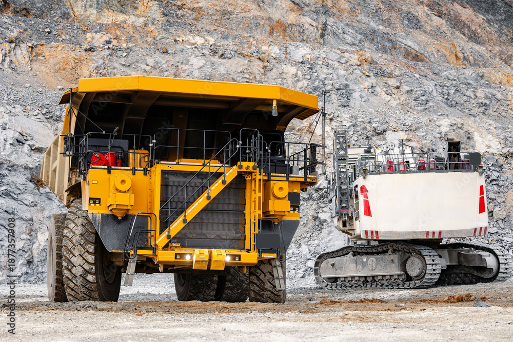Fototapeta premium Massive Mining Machinery in Quarry: Yellow Dump Truck and Excavator at Work
