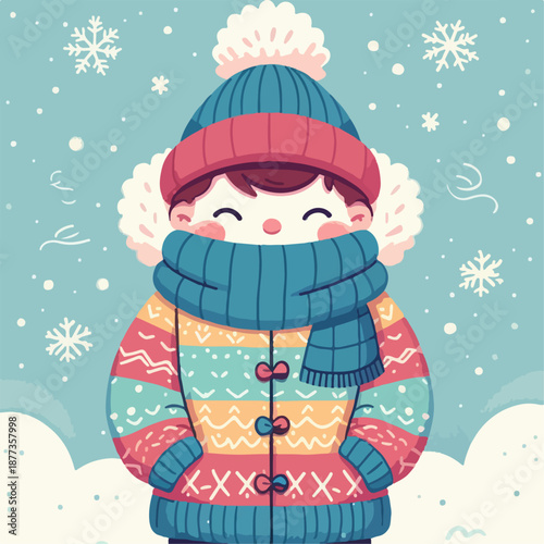 Cartoon vector illustration of a person wearing a jacket in winter
