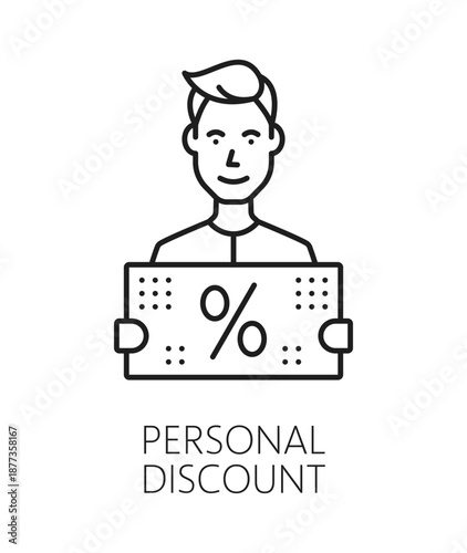 Personal discount exclusive benefit thin line icon or sign. Shopping coupon gift linear vector pictogram, exclusive benefit prize symbol. Special offer bonus icon with client or customer character