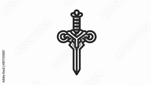 Stylized graphic of a sword with decorative hilt and a simple, symmetrical design