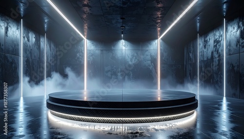 Futuristic platform in a misty room with neon lighting