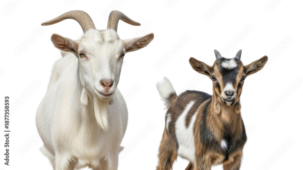 Fototapeta premium Adult white goat and brown spotted kid goat isolated on white background