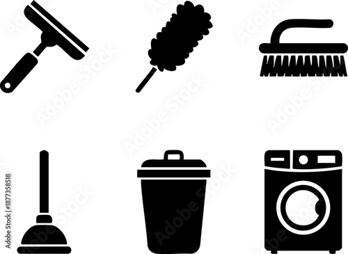 Cleaning and household icon set including squeegee plunger and washing machine Pure black silhouettes isolated on white background